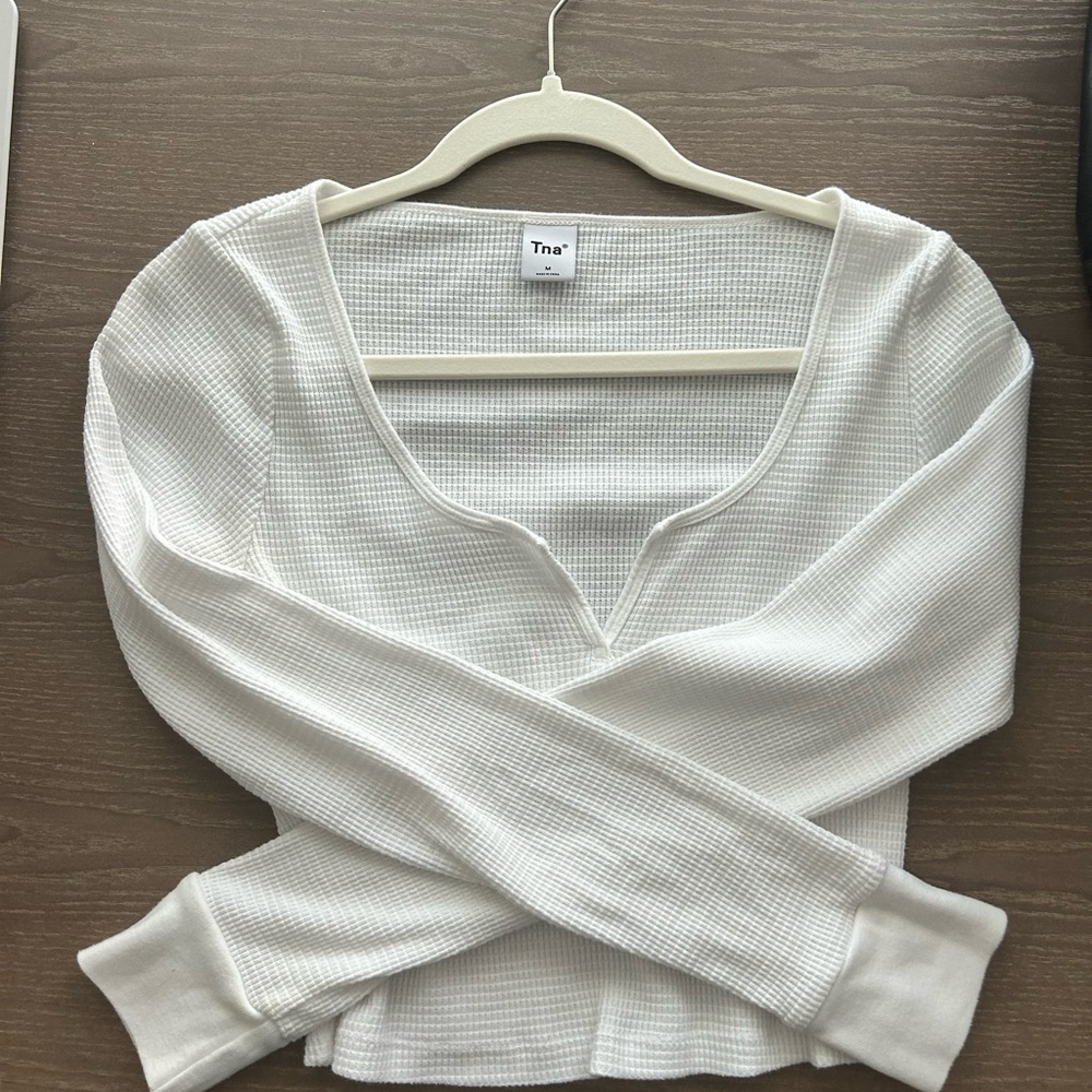 TNA White Waffle Crop Long Sleeve Blouse